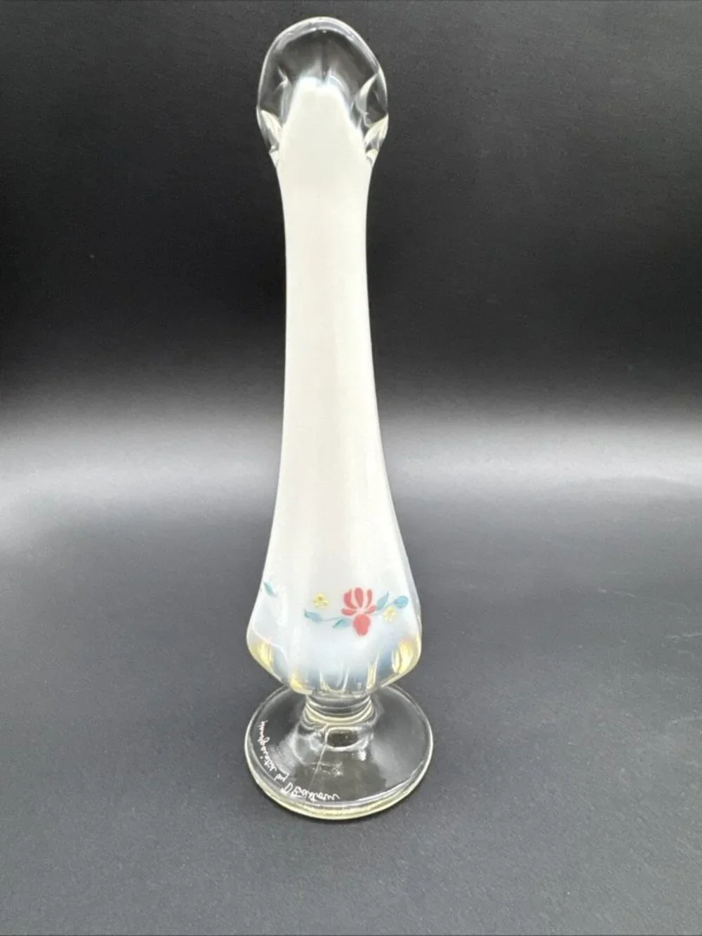 VTG Fenton Glass Opalescent Country Garden Cottage Floral Swung Bud Vase Signed
